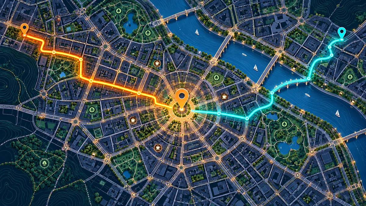 Orange and cyan routes on a detailed city map converge at a central meeting point.